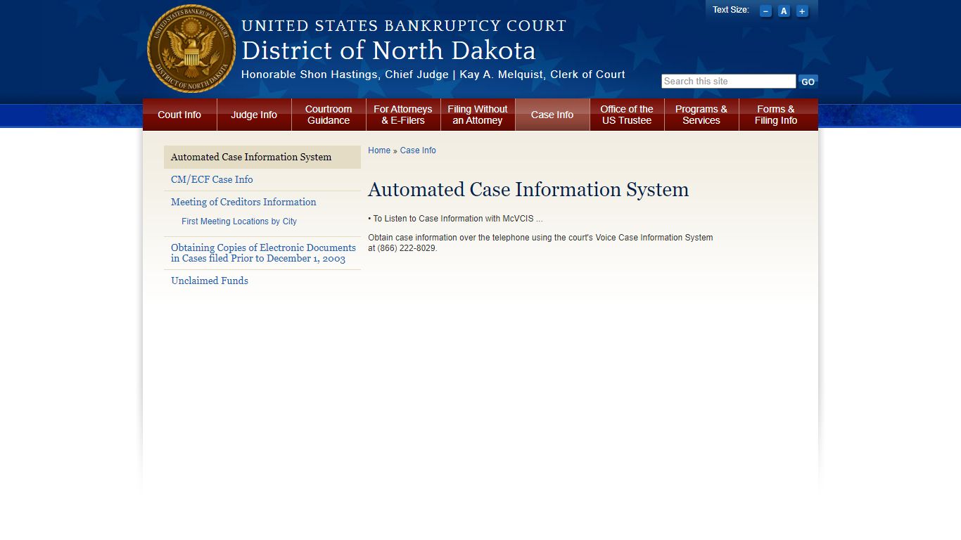 Automated Case Information System | District of North Dakota | United ...
